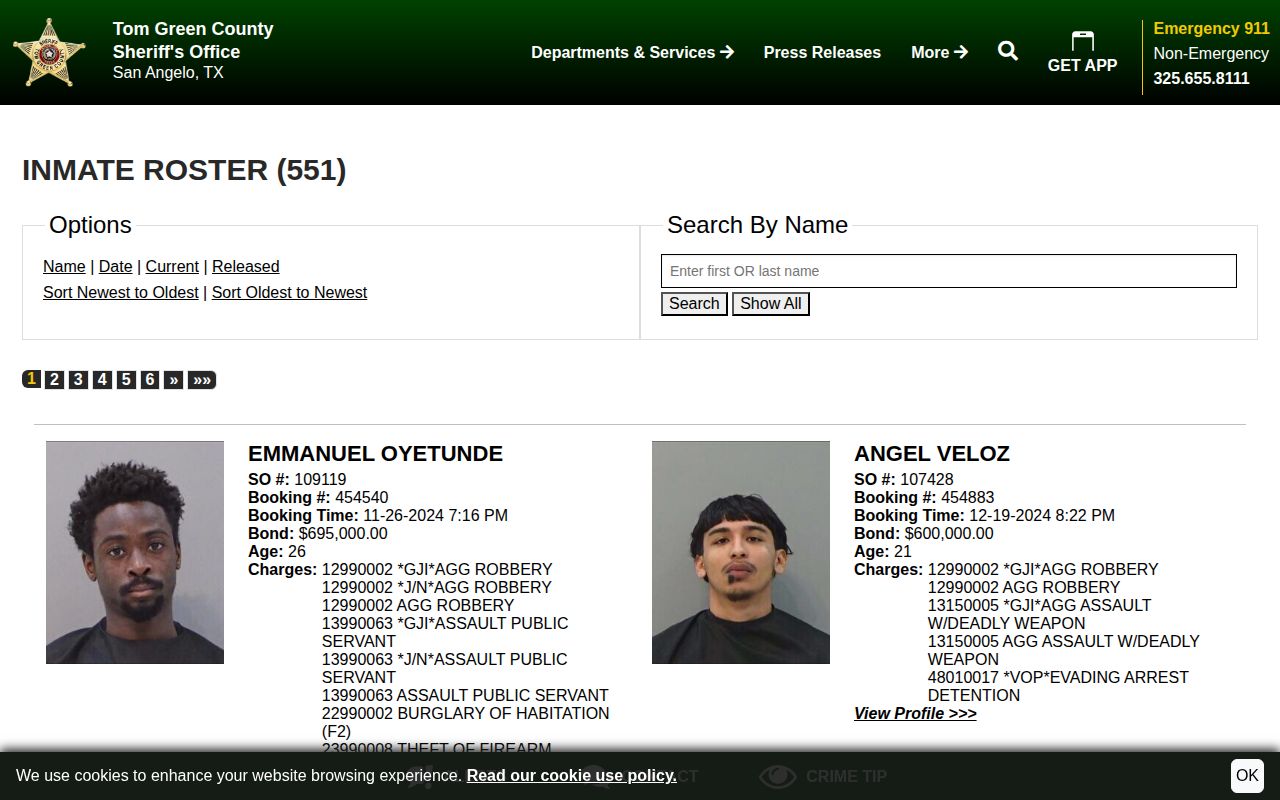 Concho County receiving-facility booking roster search interface